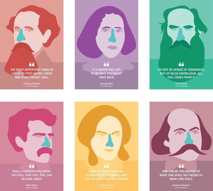Literalogue Realism: Charles Dickens, George Eliot, Leo Tolstoy, Mark Twain, Charlotte Bronte, Gustave Flaubert.