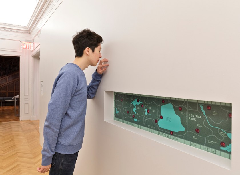 Installation view of Smell, The Beauty of Decay: SmellScape Central Park, Autumn 2015, 2015–16. Designed by Sissel Tolaas. Sponsored by IFF (International Flavors and Fragrances, Inc.). Microencapsulation. Commissioned by Cooper Hewitt, Smithsonian Design Museum. Photo by Matt Flynn © 2016 Cooper Hewitt, Smithsonian Design Museum